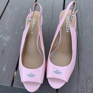 Coach sandals pastel pink cork wedges.